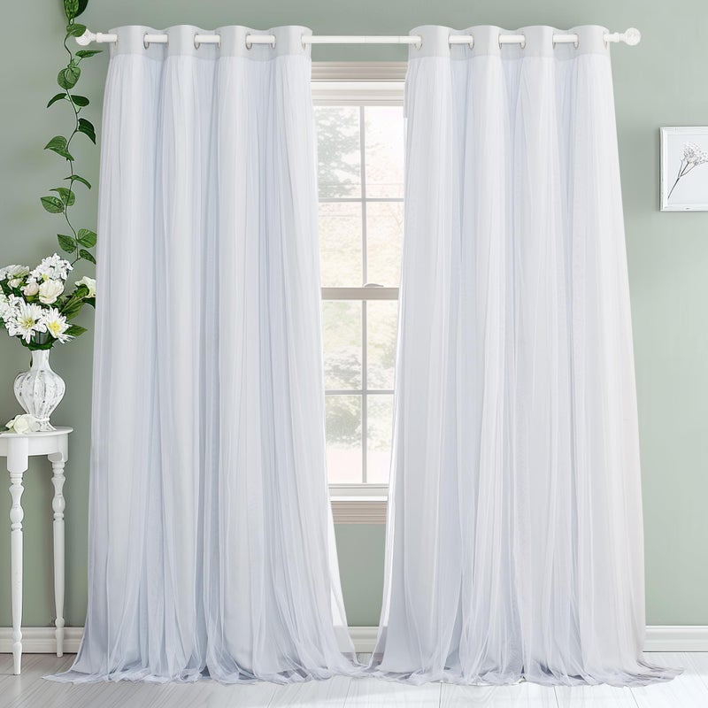 PONY DANCE Double Layer Blackout Curtains with White Sheer for Kids Room, Thermal Insulated Drapes 63 Inches Long for Bedroom with 4 Tiebacks, Nursery Window Decor, 2 Panels, Greyish White, 52W x 63L - Image 1